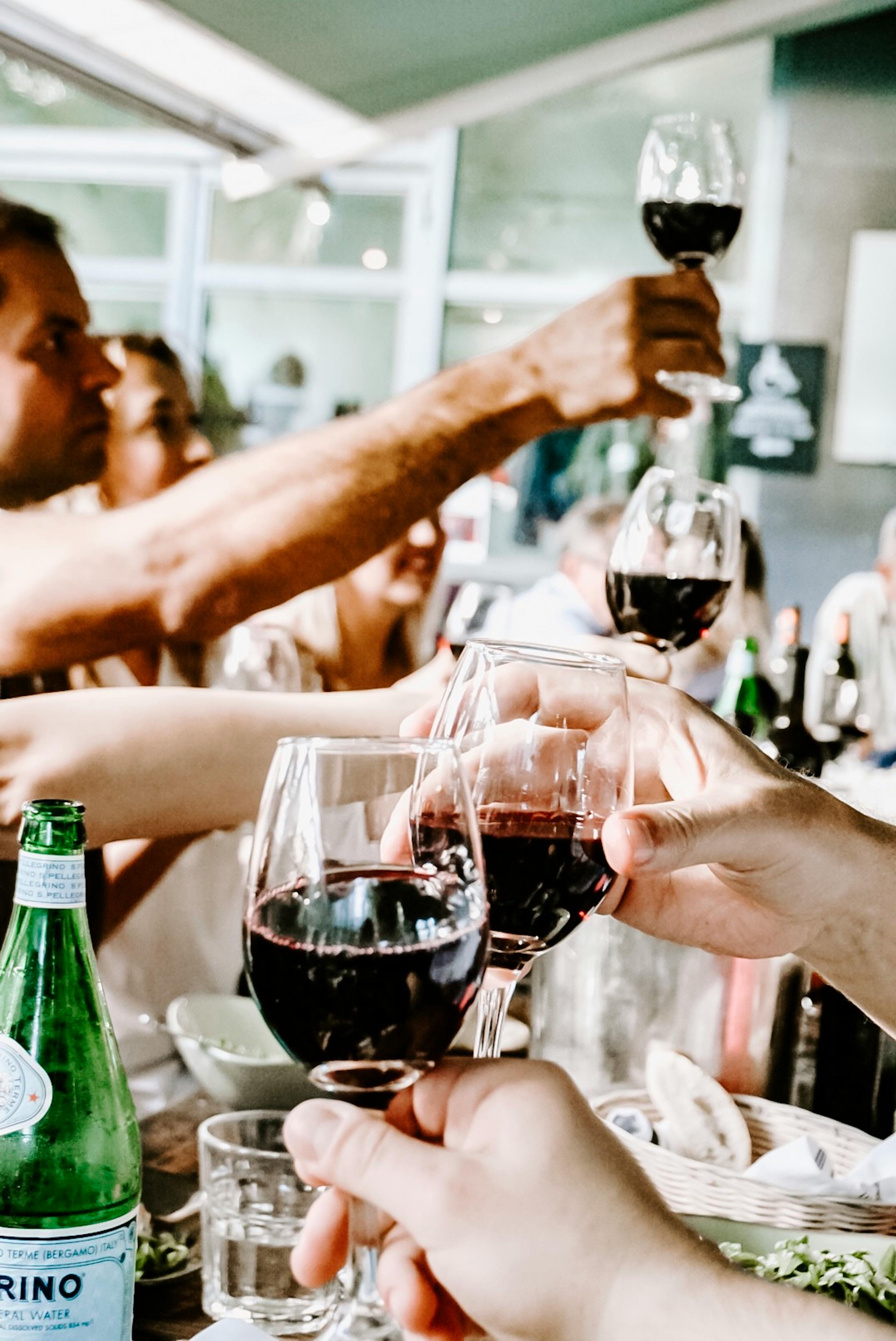 Imagen de un brindis con copas de vino tinto: se ven varios brazos extendidos con copas, lo que sugiere una reunión social o celebración. También se ve una botella de agua mineral en la mesa, lo que indica que el entornoes un evento gastronómico. El enfoque en las copas chocando y el fondo desenfocado resalta el acto de brindar, que a menudo se asocia con camaradería y festividad. Esta imagen sugiere un eventos social o experiencia gastronómica.